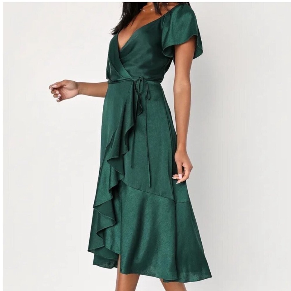Lulus Green Wrap Dress Flutter Sleeve High-Low XS autumn wedding‎ guest dress